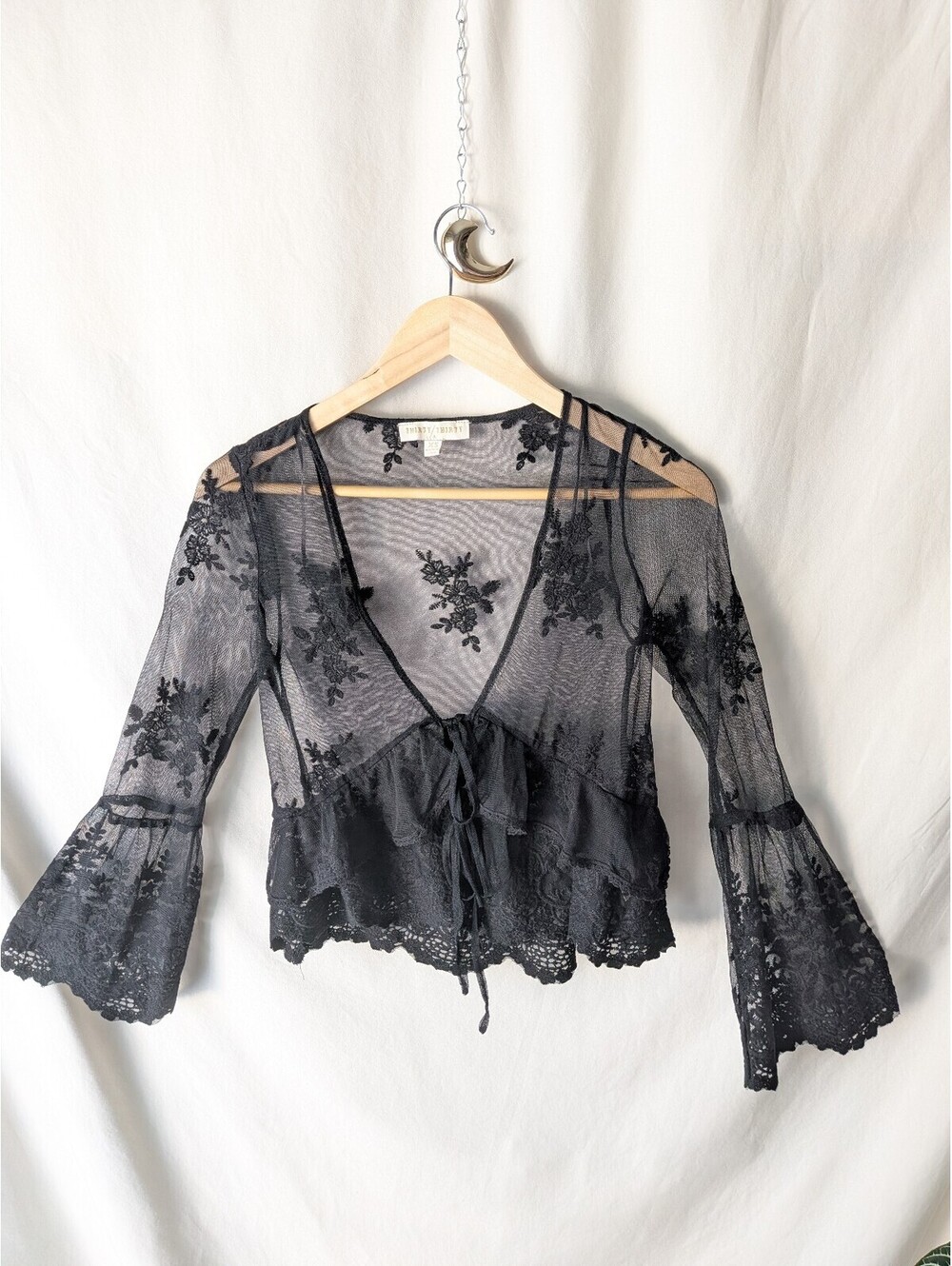 Thirty Thirty black sheer mesh lace wrap crop top XS